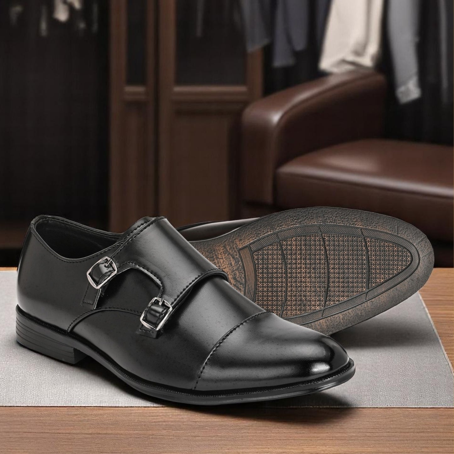 Guava Synthetic Leather Toecap Double Strap Black Monk Formal Shoes for Men's GV25JA899
