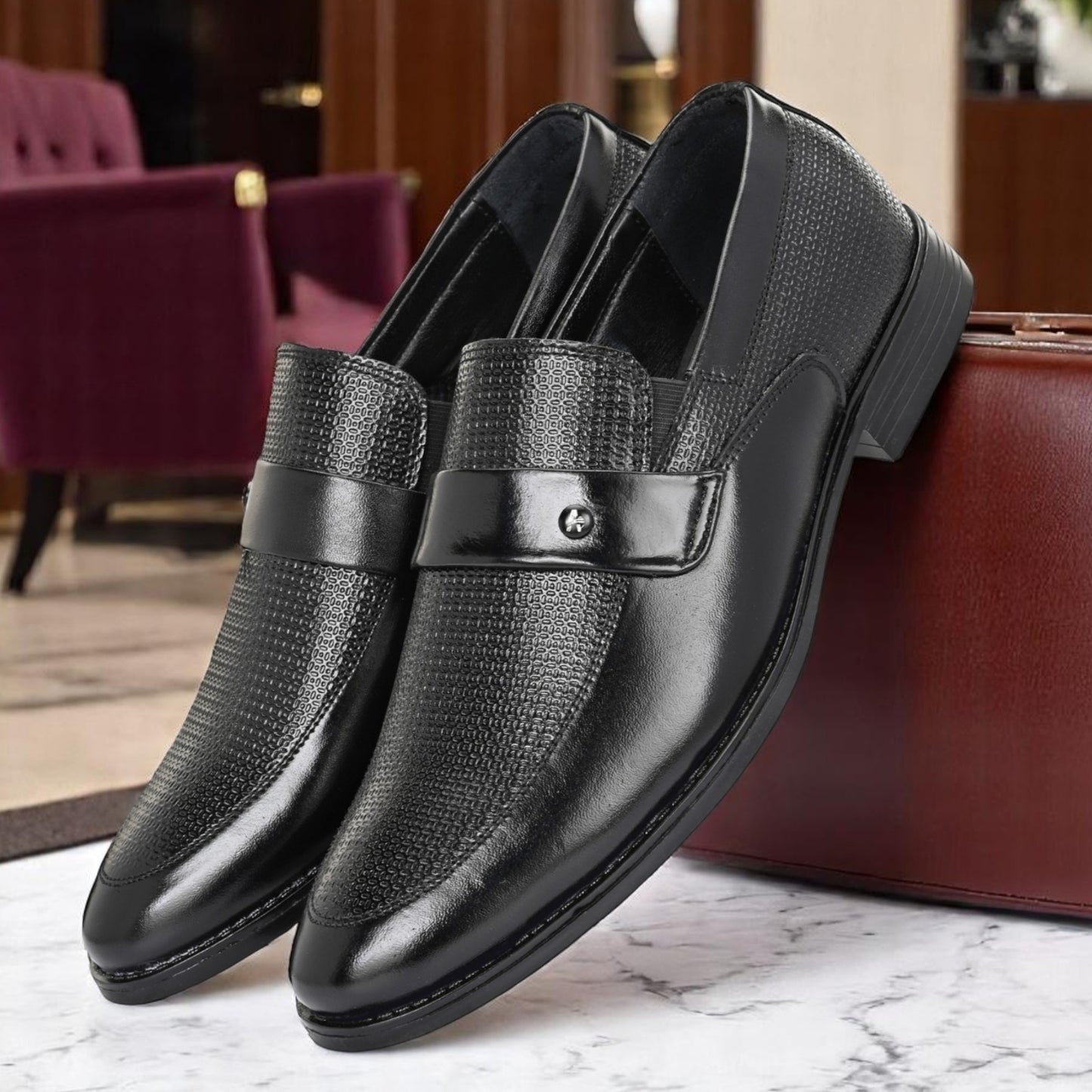 Guava Leather Mocassin Black Slip-On Semi Formal Shoes for Men's GV25JA905