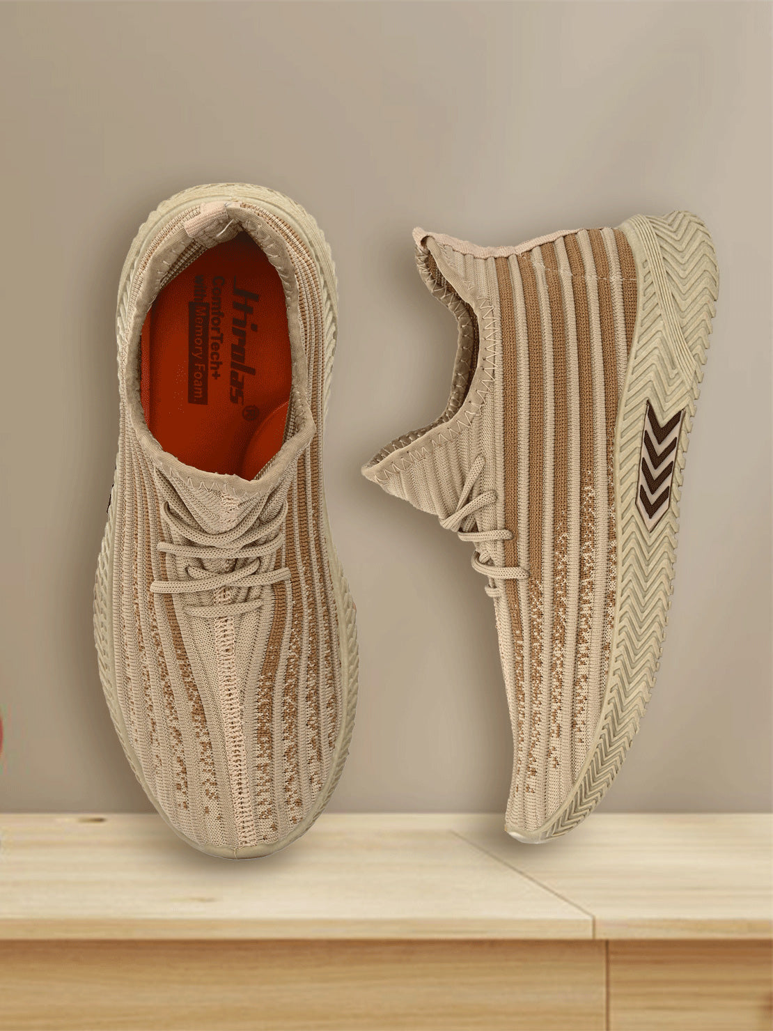 Hirolas® Men's Beige Knitted Running/Walking/Gym Lace Up Sport Shoes (HRL2036BGE)