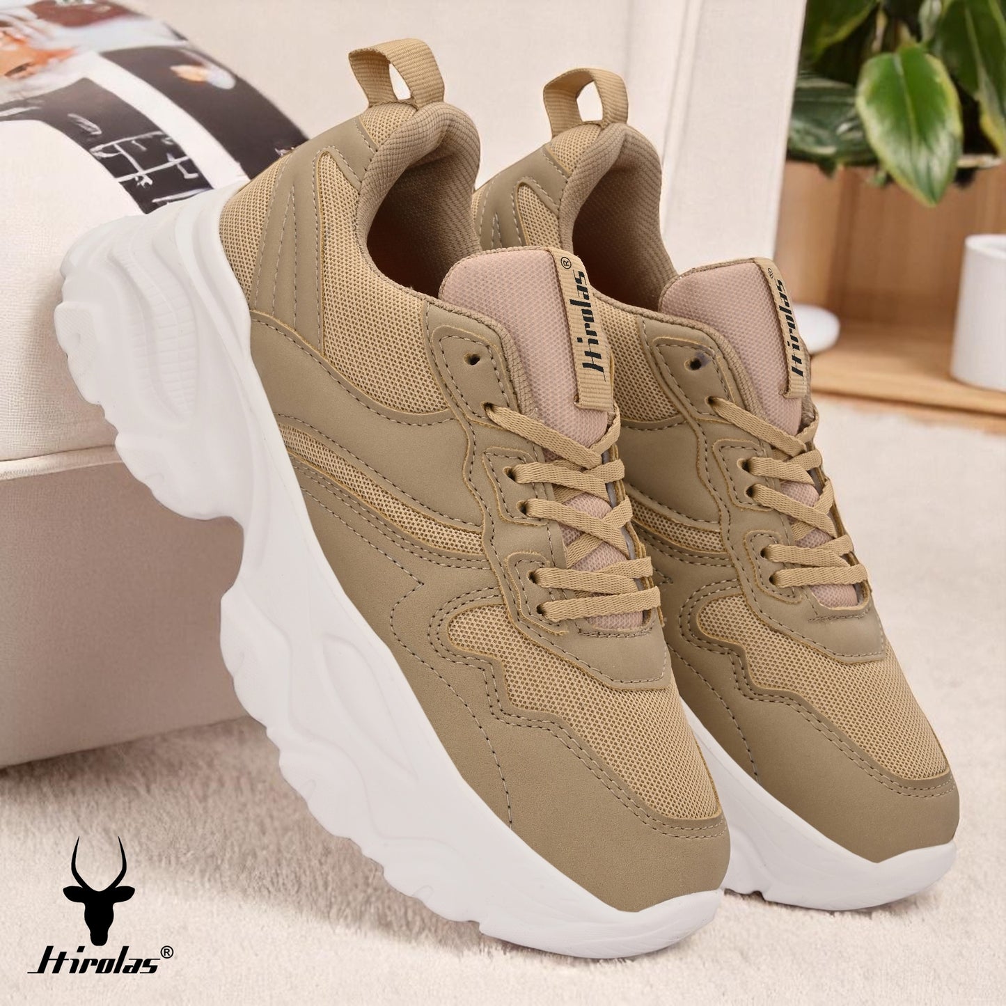 Hirolas women Chunky Mesh & Synthetic Beige Sports_Shoes