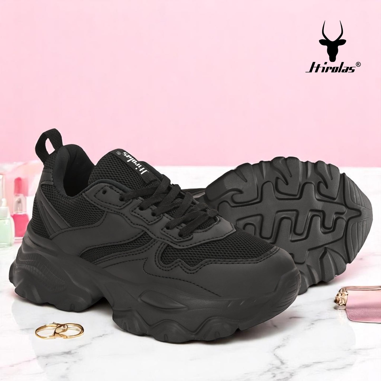 Hirolas women Chunky Mesh & Synthetic Black Sports_Shoes