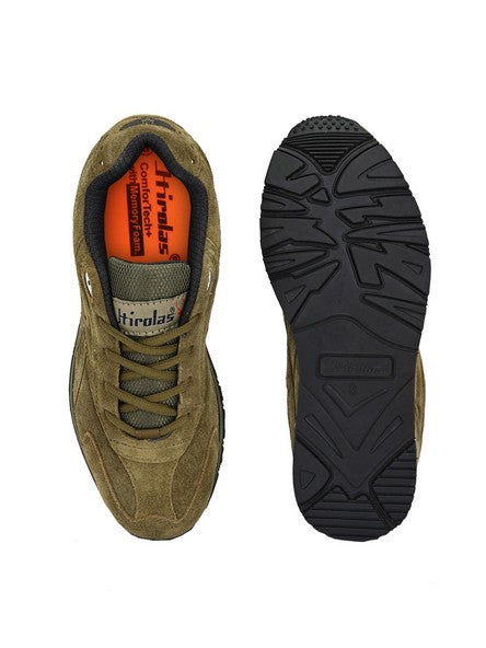 Hirolas® Men's Multisports Shock Absorbing Walking Running Fitness Athletic Training Gym Olive Leather Lace Up Sneaker Sport Shoes (HRL2011OLV)