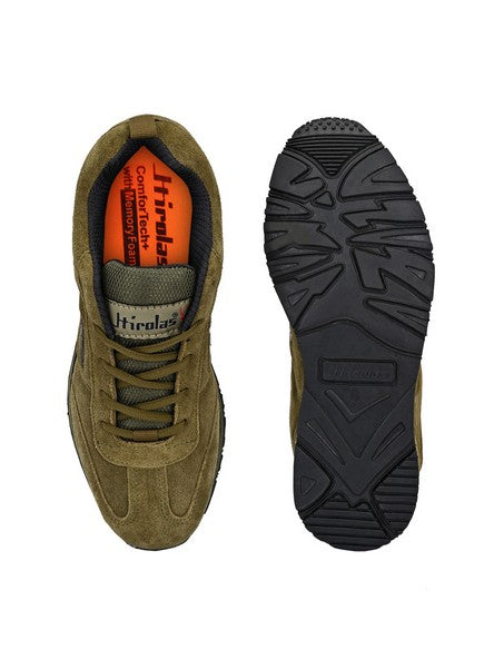 Hirolas® Men's Multisports Shock Absorbing Walking Running Fitness Athletic Training Gym Olive Leather Lace Up Sneaker Sport Shoes (HRL2014OLV)