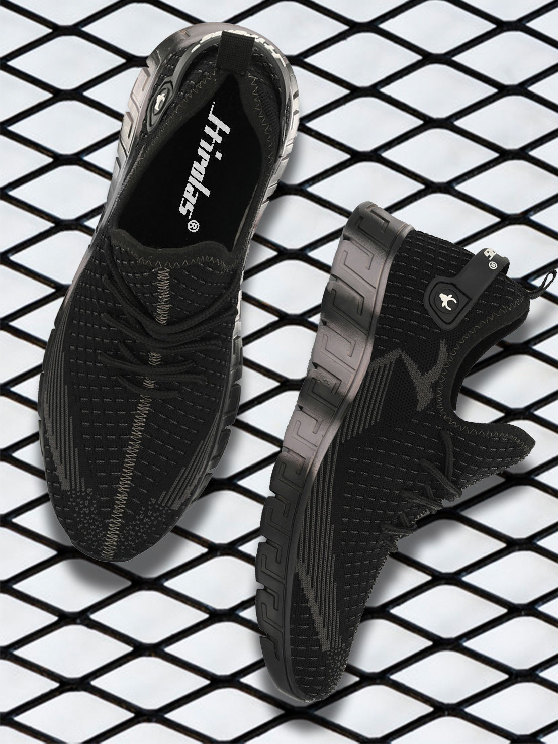 Hirolas® Men's Black/Grey Knitted Athleisure Lace Up Sport Shoes (HRL2015BLK)