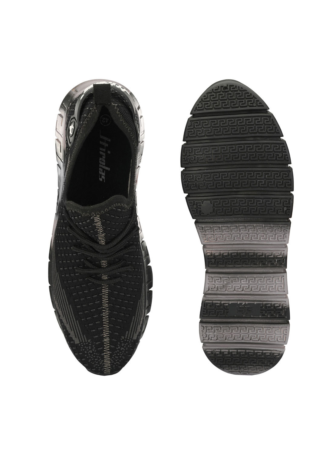 Hirolas® Men's Black/Grey Knitted Athleisure Lace Up Sport Shoes (HRL2015BLK)