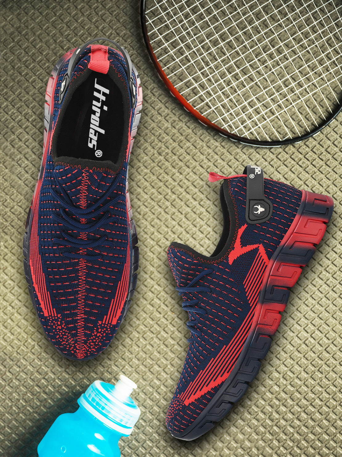 Hirolas® Men's Blue/Red Knitted Athleisure Lace Up Sport Shoes (HRL2015BLU)