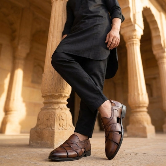 Hirolas Men's Peshawari Shoe Style Vegan Leather Roman Ethnic Sandal | Premium Party Wear - Brown