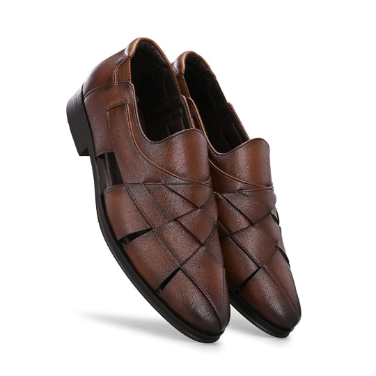 Hirolas Men's Peshawari Shoe Style Vegan Leather Roman Ethnic Sandal | Premium Party Wear - Brown