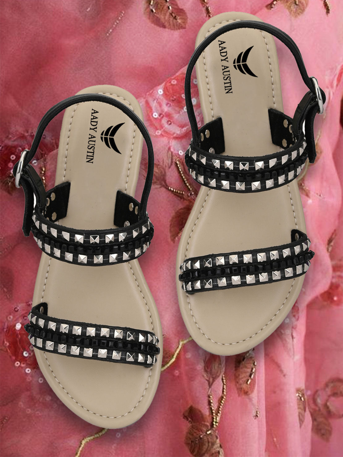 Aady Austin Women Black Studed Open Toe Flats Sandals (AUSF19010)