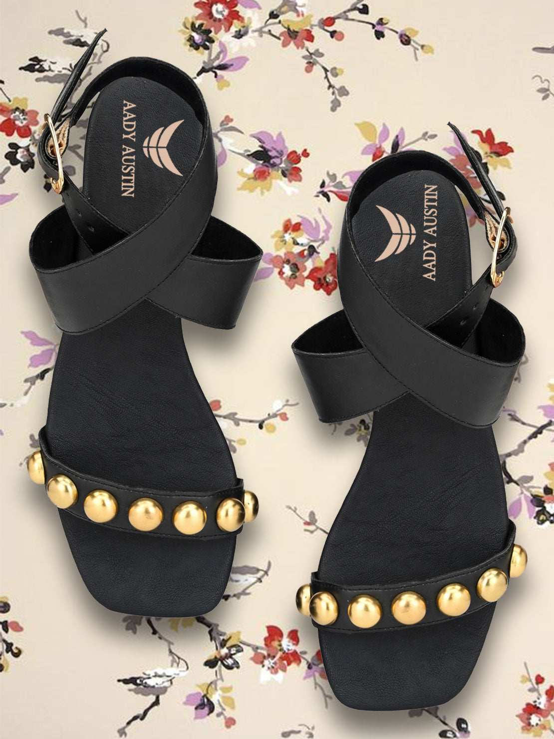Aady Austin Women Black Studed Open Toe Flats Sandals (AUSF19017)