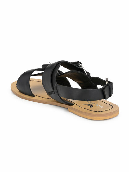 Aady Austin Women Black Open Toe Buckle Starp Flats Sandals (AUSF19023)