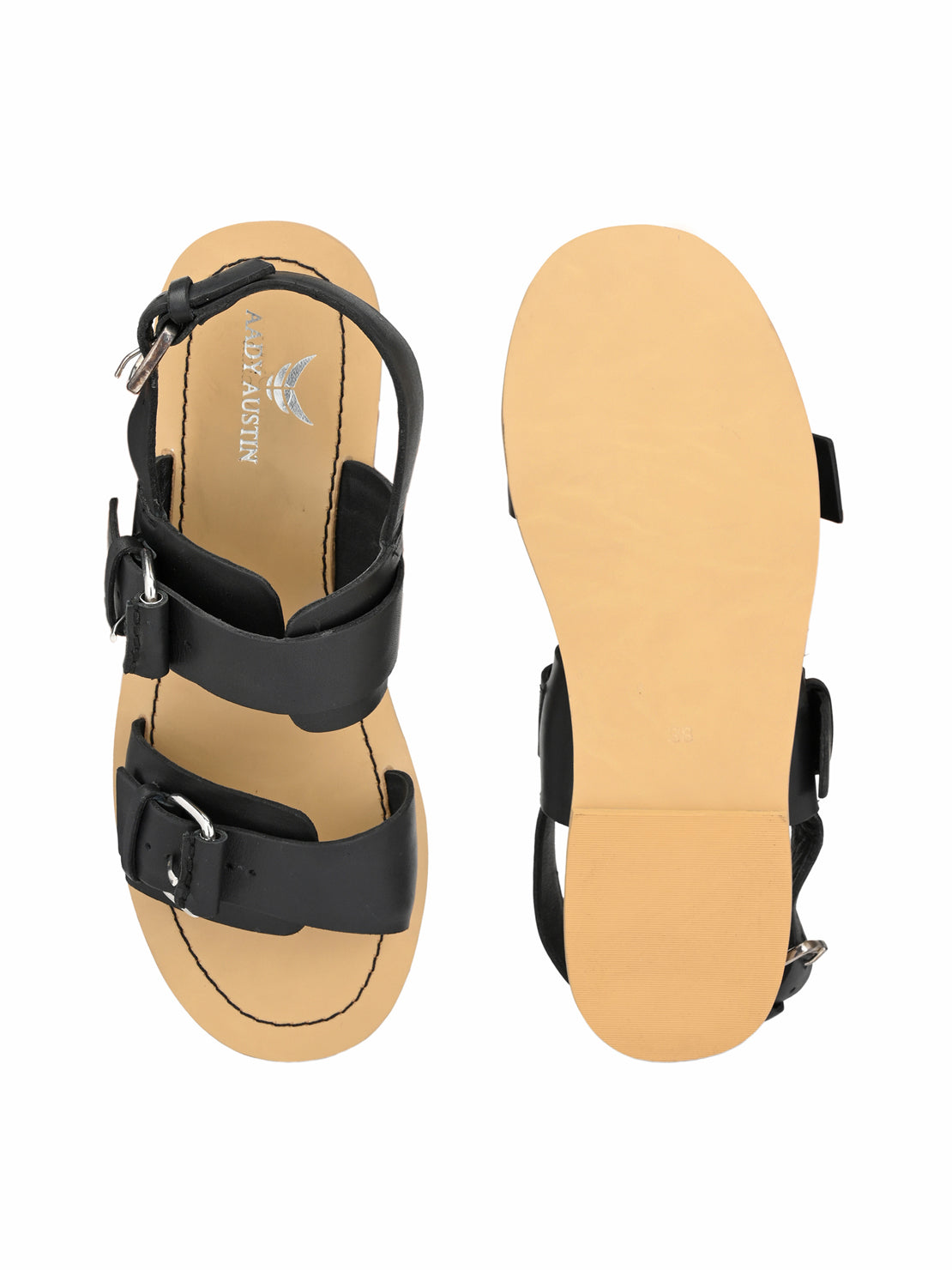 Aady Austin Women Black Open Toe Buckle Starp Flats Sandals (AUSF19023)