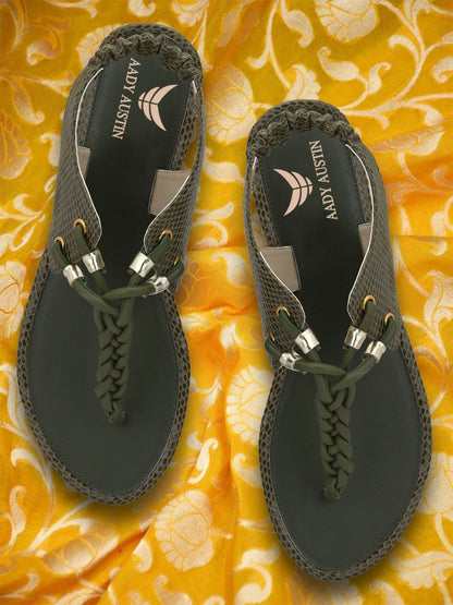 Aady Austin Women Olive Snake print Open Toe Flats (AUSF19028)