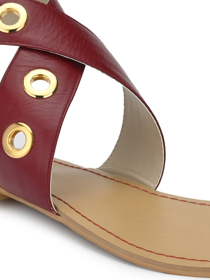 Aady Austin Women Maroon Open Toe Elastic Strap Flats Sandals (AUSF19036)