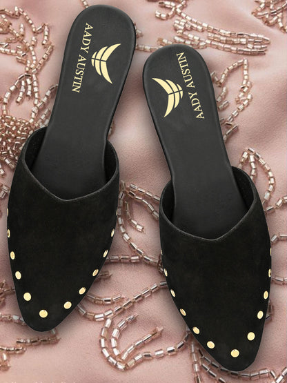 Aady Austin Women Black Studed Pointed Toe Mule Flats (AUSF19060)