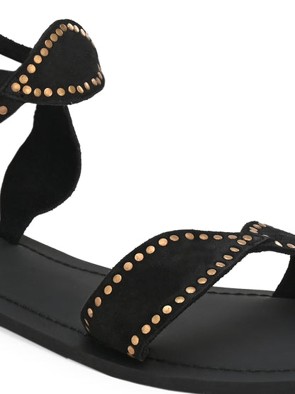 Aady Austin Women Black Open Toe Buckle Flats Sandals (AUSF19074)