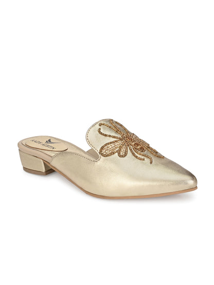 Aady Austin Women Gold Pointed Toe Block Heels Mule (AUSF19084)