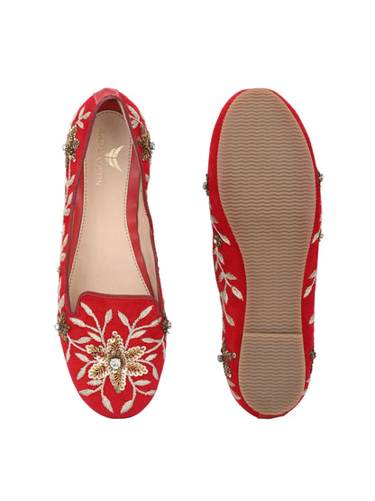 Aady Austin Women Red Embellished Handcrafted Festive Flats Belly (AUSF20014)