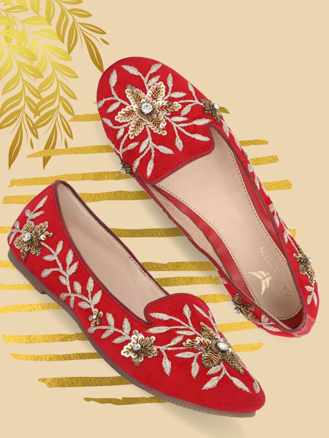 Aady Austin Women Red Embellished Handcrafted Festive Flats Belly (AUSF20014)