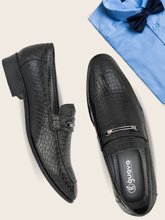 Guava Men's Black Croco Textured Slip On Formal Shoes (GV15JA849)