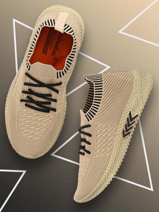 Hirolas® Men's Beige Knitted Running/Walking/Gym Lace Up Sport Shoes (HRL2045BGE)
