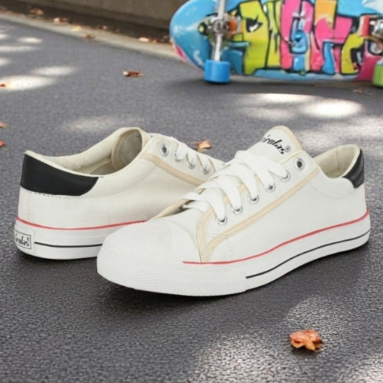 Hirolas Men's White Canvas Vulcansied Skateboard Lace Up Sneaker Shoes (HRL2076WHT)
