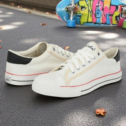 Hirolas Men's White Canvas Vulcansied Skateboard Lace Up Sneaker Shoes (HRL2076WHT)
