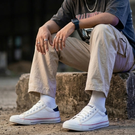 Hirolas Men's White Canvas Vulcansied Skateboard Lace Up Sneaker Shoes (HRL2076WHT)