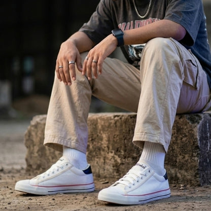Hirolas Men's White Canvas Vulcansied Skateboard Lace Up Sneaker Shoes (HRL2076WHT)
