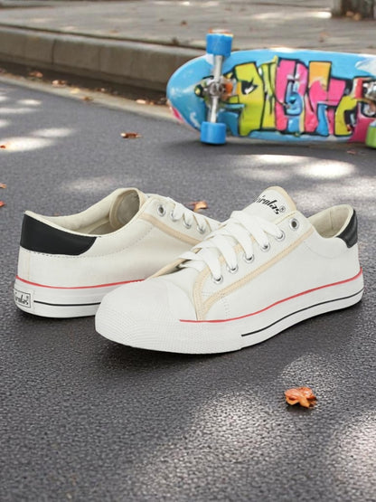 Hirolas Men's White Canvas Vulcansied Skateboard Lace Up Sneaker Shoes (HRL2076WHT)