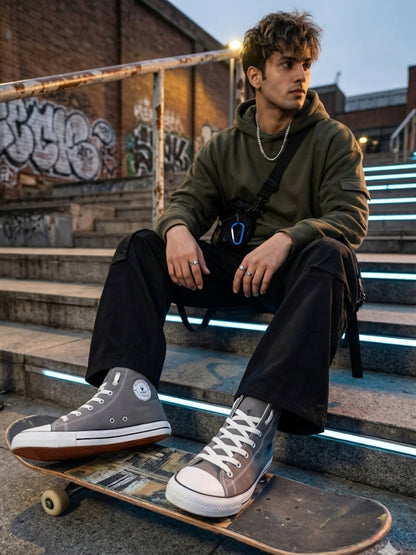 Hirolas Men's Grey Canvas Vulcansied Skateboard Lace Up Ankle Length Sneaker Shoes (HRL2077GRY)