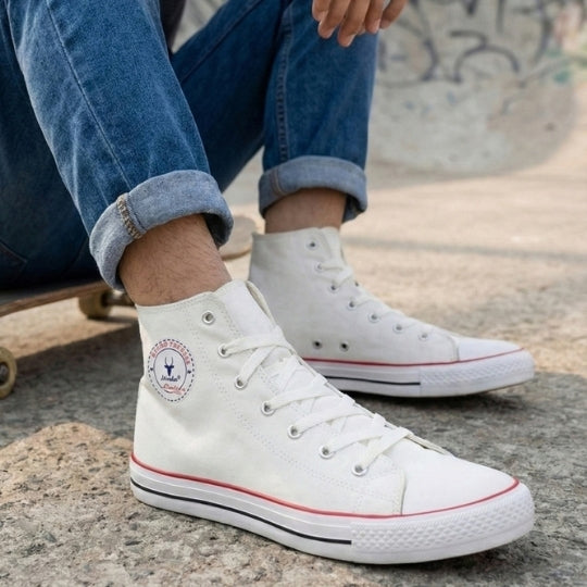 Hirolas Men's white Canvas Vulcansied Skateboard Lace Up Ankle Length Sneaker Shoes (HRL2077WHT)