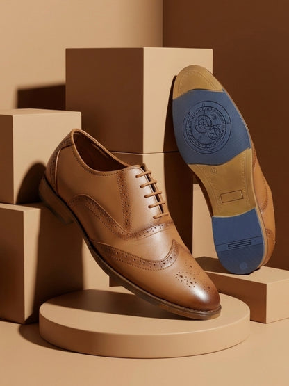 Hirolas Men's Executive Genuine Leather Tan Formal Brogue Shoes