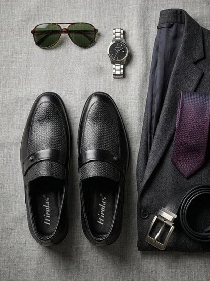 Hirolas Men's Executive Black Genuine Leather Moccasin Slip on Formal Shoes