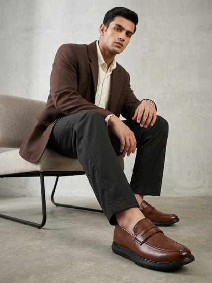 Hirolas Men's Tan Penny Loafer Slip-on Formal Shoes