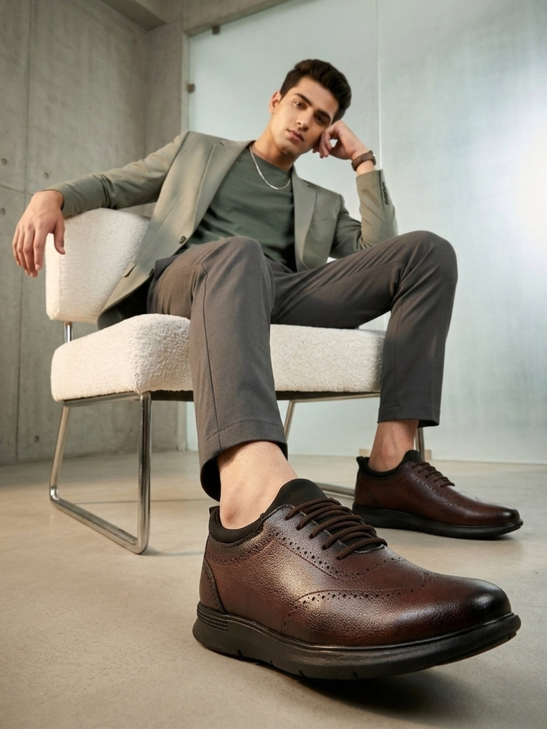 Hirolas Brown FeatherWalk Lightweight Brogue Semi Formal Shoes Lace-Up Business Casual Wear