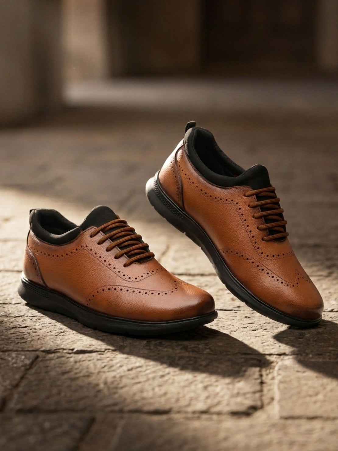 Hirolas Men's FeatherWalk Lightweight Tan Brogue Semi-Formal Shoes Lace-Up Business Casual Wear