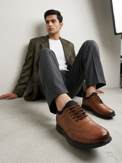 Hirolas Men's FeatherWalk Lightweight Tan Brogue Semi-Formal Shoes Lace-Up Business Casual Wear