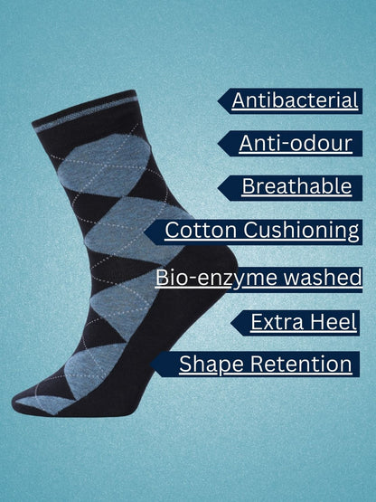 Hirolas Cotton Anti-Odour Breathable Antibacterial business Formal/office wear Crew full length Socks for Men (Free Size) | Made with 100% Combed Cotton and Spandex (Navy, Black, White) - Pack of 3 socks