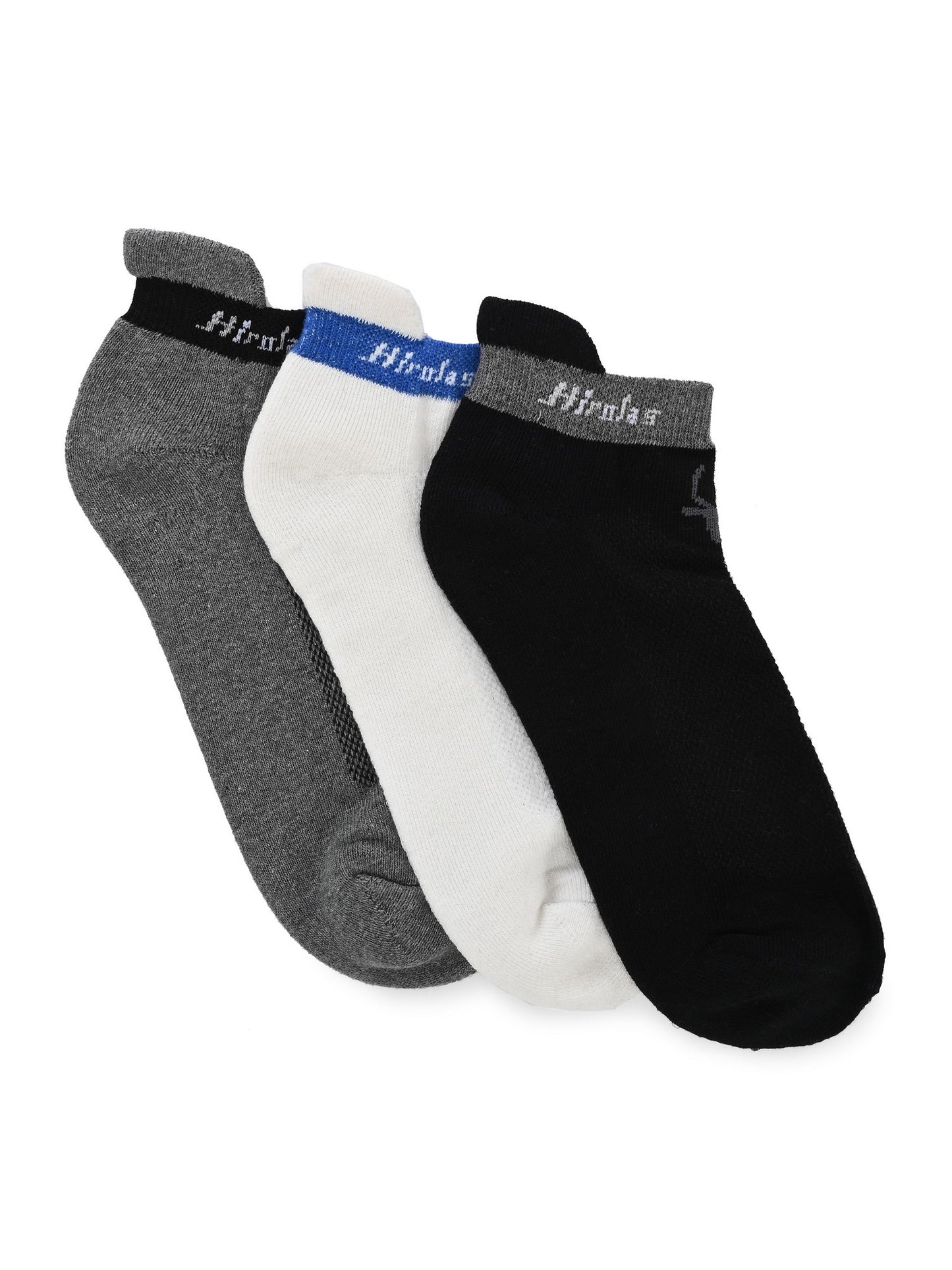 Hirolas thick cotton Half Terry cushioned Anti-Odour Breathable Antibacterial Gym, Running, Performance Athletic Running Ankle length Sports Socks for Men (Free Size) | Made with 100% Combed Cotton and Spandex (Black, Light Grey, White) - Pack of 3 socks