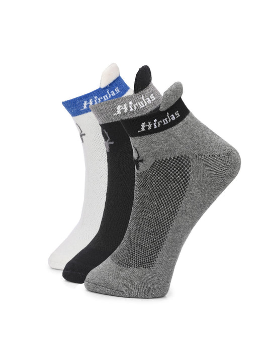 Hirolas thick cotton Half Terry cushioned Anti-Odour Breathable Antibacterial Gym, Running, Performance Athletic Running Ankle length Sports Socks for Men (Free Size) | Made with 100% Combed Cotton and Spandex (Black, Light Grey, White) - Pack of 3 socks