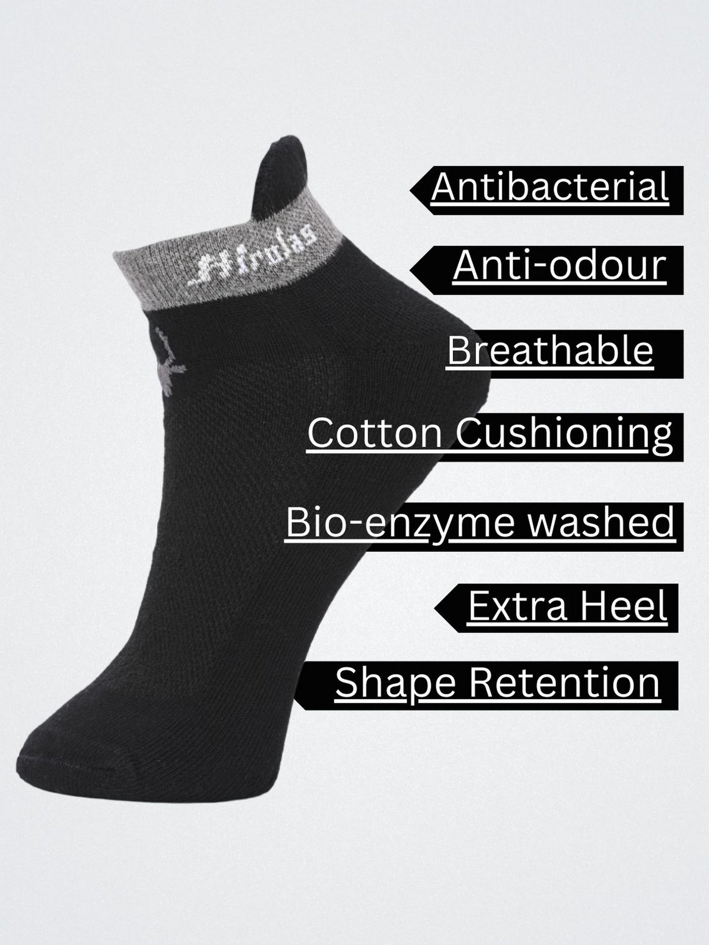 Hirolas thick cotton Half Terry cushioned Anti-Odour Breathable Antibacterial Gym, Running, Performance Athletic Running Ankle length Sports Socks for Men (Free Size) | Made with 100% Combed Cotton and Spandex (Black, Light Grey, White) - Pack of 3 socks