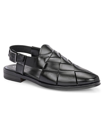 Hirolas Men's Peshawari Shoe Style Vegan Leather Roman Ethnic Sandal | Premium Party Wear - Black