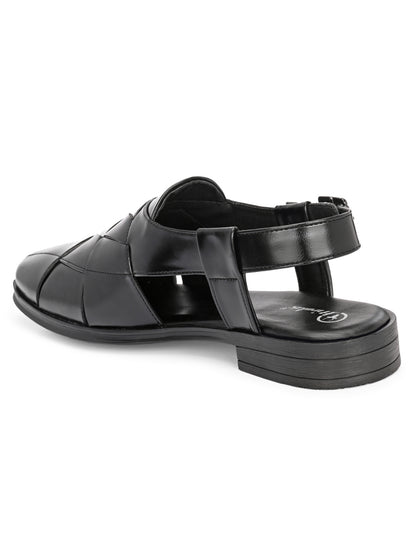 Hirolas Men's Peshawari Shoe Style Vegan Leather Roman Ethnic Sandal | Premium Party Wear - Black