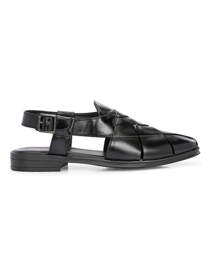 Hirolas Men's Peshawari Shoe Style Vegan Leather Roman Ethnic Sandal | Premium Party Wear - Black