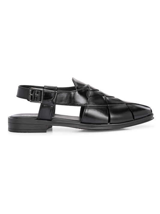 Hirolas Men's Peshawari Shoe Style Vegan Leather Roman Ethnic Sandal | Premium Party Wear - Black