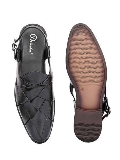 Hirolas Men's Peshawari Shoe Style Vegan Leather Roman Ethnic Sandal | Premium Party Wear - Black
