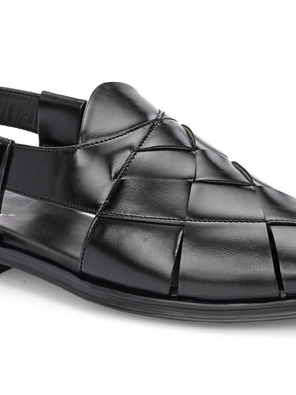 Hirolas Men's Peshawari Shoe Style Vegan Leather Roman Ethnic Sandal | Premium Party Wear - Black