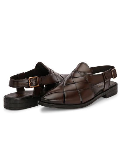 Hirolas Men's Peshawari Shoe Style Vegan Leather Roman Ethnic Sandal | Premium Party Wear - Brown