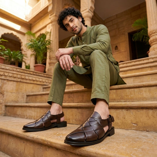 Hirolas Men's Peshawari Shoe Style Vegan Leather Roman Ethnic Sandal | Premium Party Wear - Brown